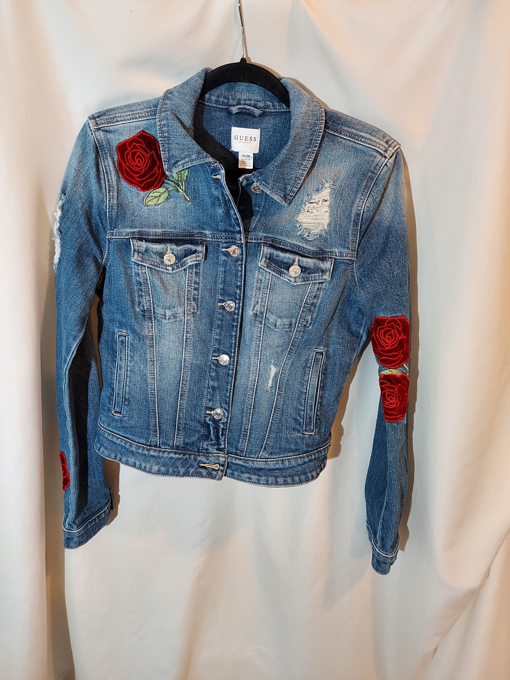 GUESS Velvet Rose Distressed Denim Trucker Jacket - Size M